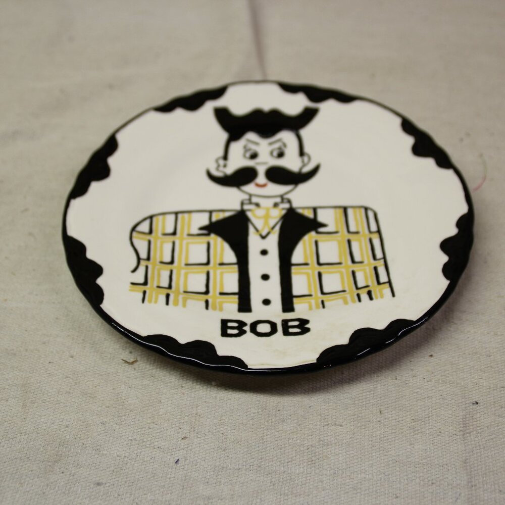 Vtg Homer Laughlin Hand Painted Portrait Plate of Bob 1950's Folk Art Wall Hang
